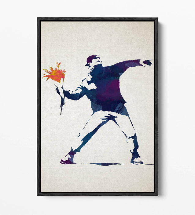 BANKSY, FLOWER THROWER WATERCOLOUR STYLE -FLOAT EFFECT CANVAS WALL ART PRINT