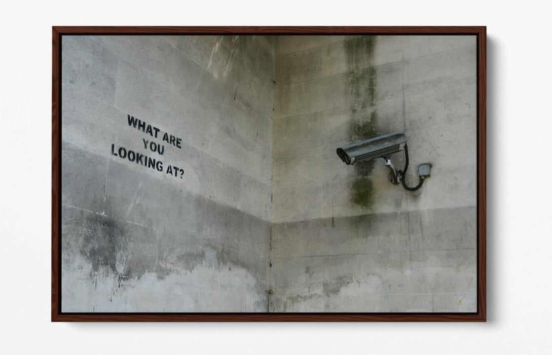 BANKSY WHAT ARE YOU LOOKING AT -FLOAT EFFECT CANVAS WALL ART PIC PRINT- BEIGE