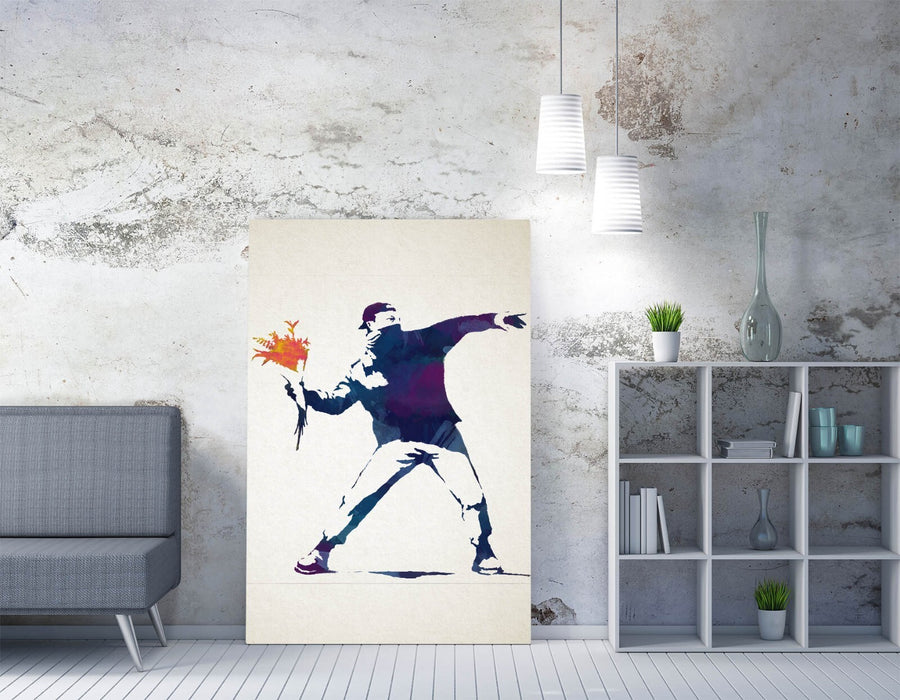 BANKSY FLOWER BOMBER WATERCOLOUR STYLE -CANVAS WALL ART PRINT ARTWORK FRAMED