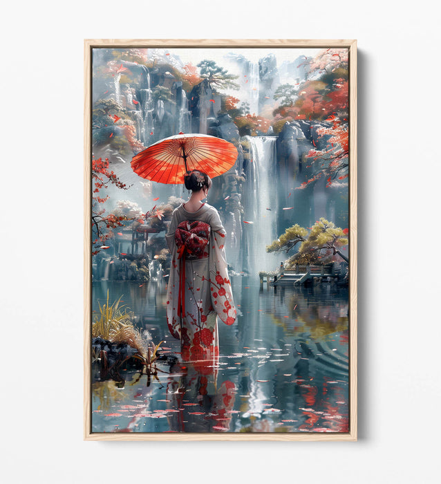Float Effect Canvas Art – Japanese Geisha Waterfall Print | Handmade UK Canvas