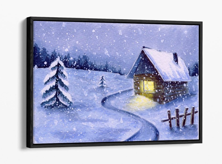 Canvas Wall Art Print – Watercolour Cabin Winter Snow Illustration on Float Effect Canvas