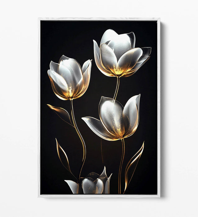 Canvas Wall Art - Silver And Gold Tulip Flower Print With Float Effect Frame