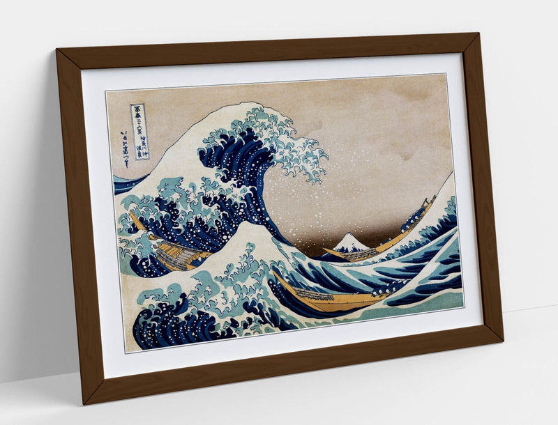 Hokusai Framed Art - Great Wave Print With Woodgrain Frame Style, Matte Paper Poster