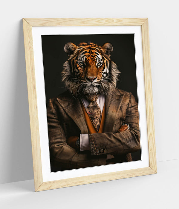 Framed Wall Art Tiger Print Poster - Anthropomorphic Animal Decor With Wood Grain Frame