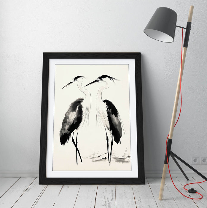 Framed Wall Art | Two Heron Birds Oriental Ink Style Poster Print - Handmade Decor