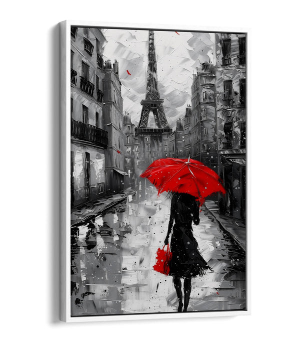 Red Umbrella Canvas - Paris City Black White Print | Handmade Wall Art Float Effect