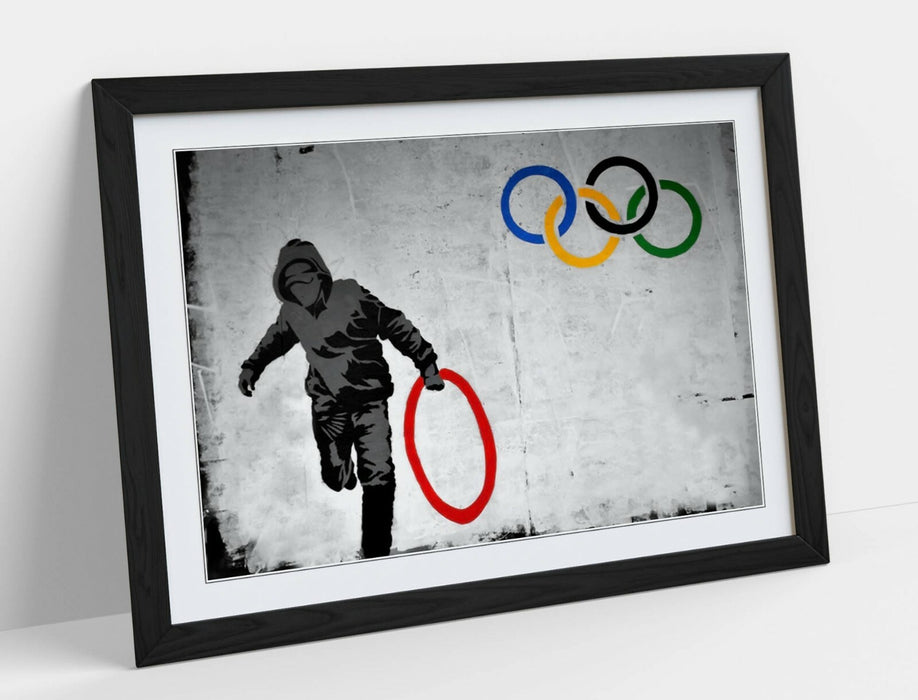 BANKSY OLYMPIC RINGS -ART FRAMED POSTER PICTURE PRINT ARTWORK- RED YELLOW BLUE