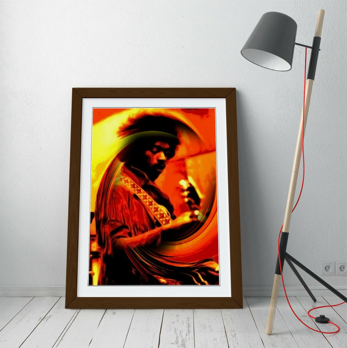 Jimi Hendrix Poster - Handmade UK Framed Wall Art With Yellow Swirl Artwork