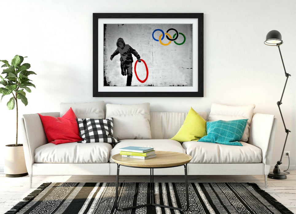 BANKSY OLYMPIC RINGS -ART FRAMED POSTER PICTURE PRINT ARTWORK- RED YELLOW BLUE