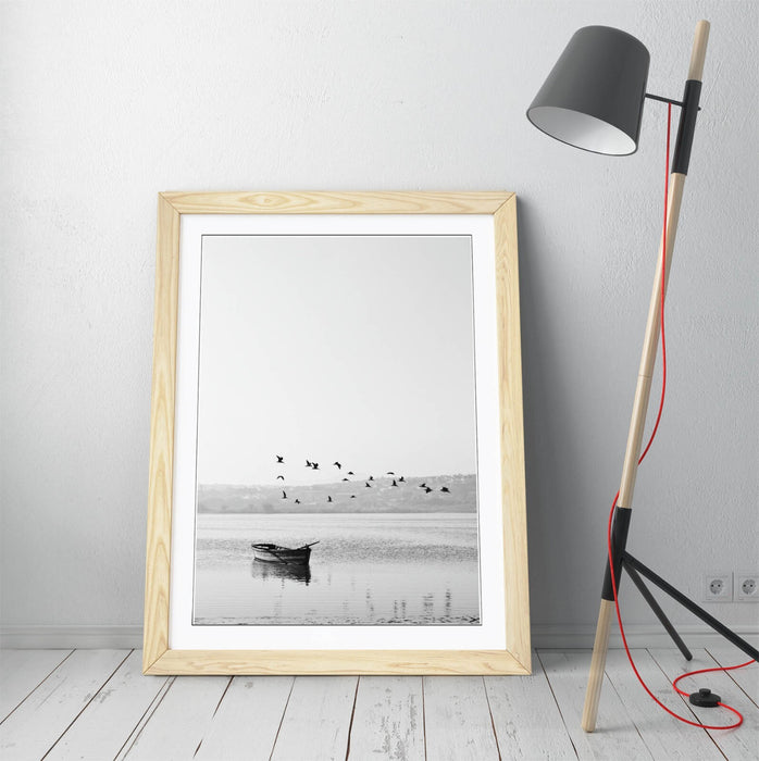 Framed Wall Art Poster - Black White Birds Flying Over Boat | UK Handmade Matte Print