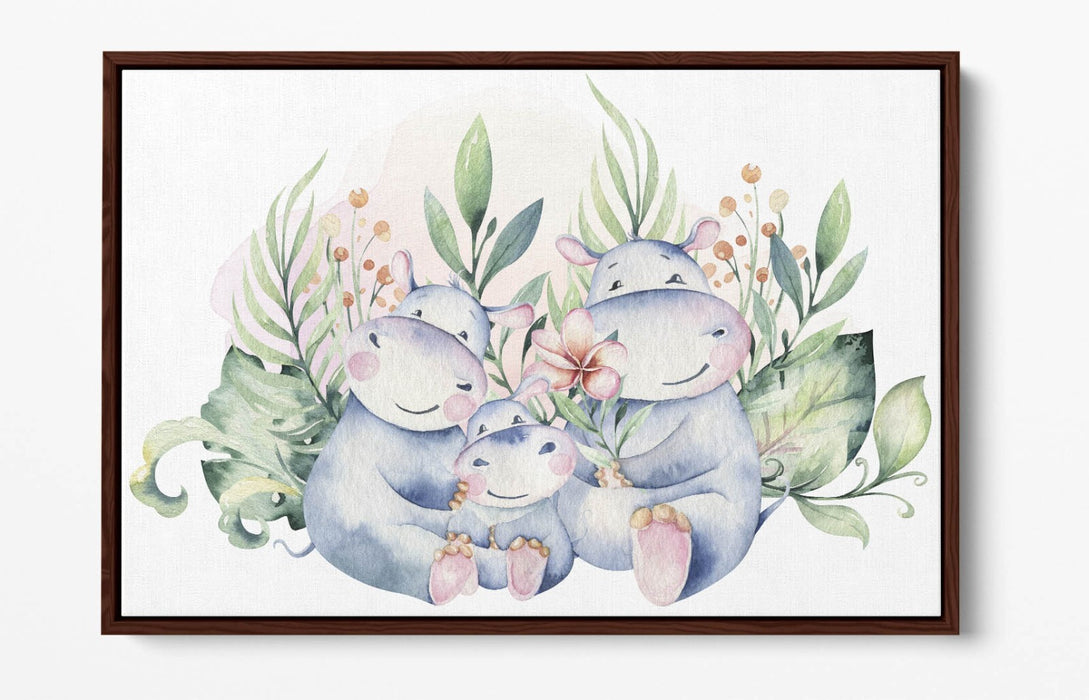 Watercolour Hippo Canvas - Cute Hippo Family Float Effect Canvas Wall Art