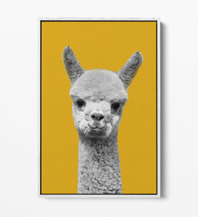 HAPPY ALPACA BLACK WHITE YELLOW MUSTARD FLOAT EFFECT CANVAS WALL ART PIC PRINT