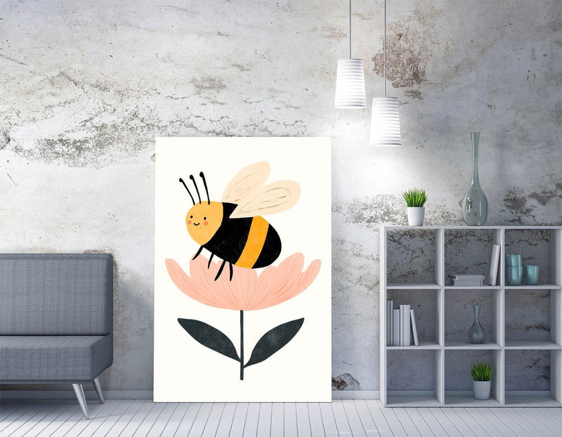 Bumble Bee Canvas Art – Cute Cartoon Bee Artwork on Pink Flower Canvas Print