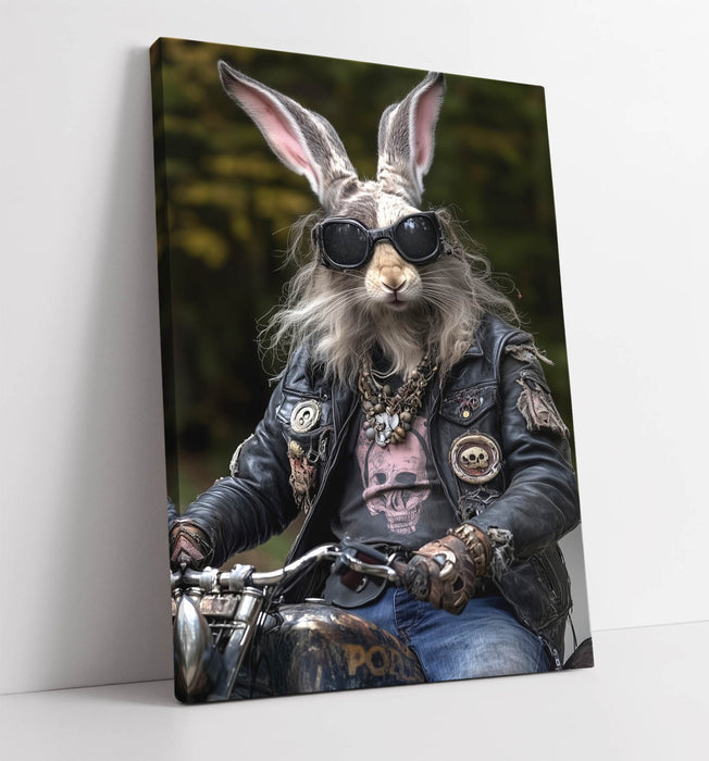 Biker Rabbit Canvas - Funny Anthropomorphic Hairy Animal Painting Wall Art Print