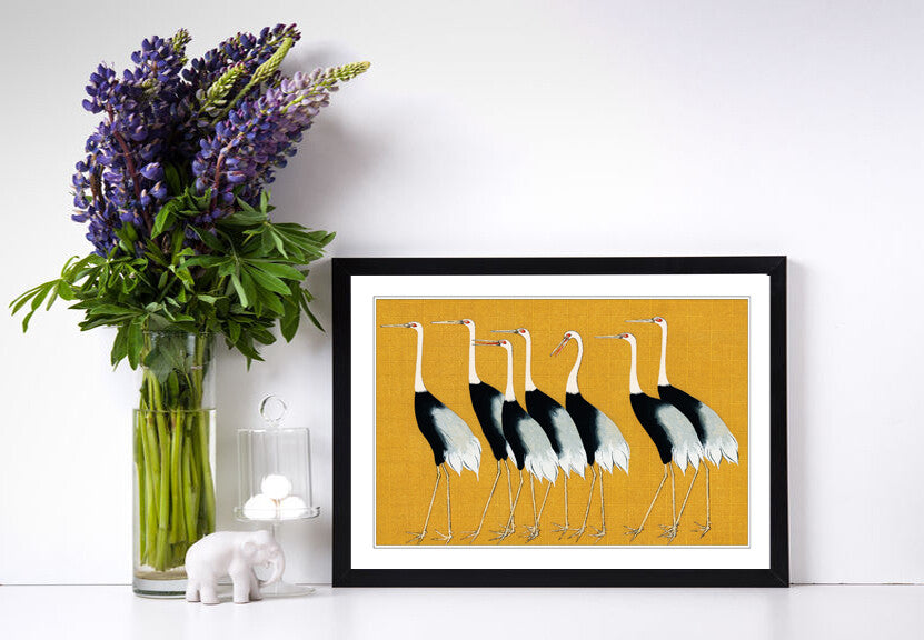 Framed Wall Art - Japanese Art Print With Mustard Crane Poster | Quality Wood Frame