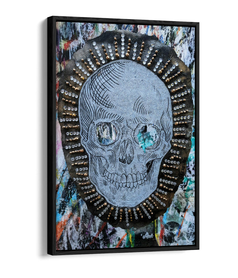 Canvas Wall Art - Skull East London Graffiti | Float Effect Blue Grey Print