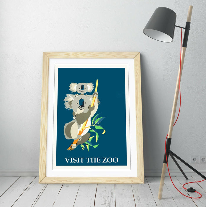 VINTAGE RETRO VISIT THE ZOO KOALA POSTER -FRAMED WALL ART PICTURE PRINT
