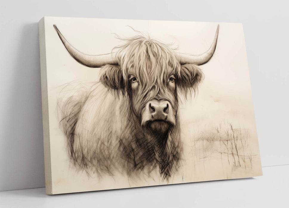 Highland Cow Canvas – Charcoal Sketch Print | Rustic Farmhouse Wall Art