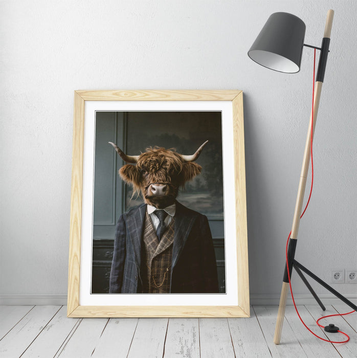 Highland Cow Wall Art - Framed Animal Poster with Woodgrain Frame, Handmade UK