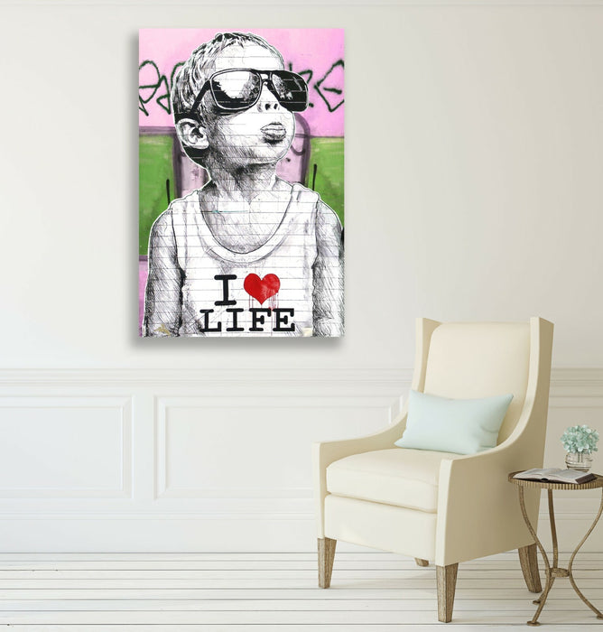BANKSY I LOVE LIFE BOY CANVAS STREET WALL ART PRINT ARTWORK PINK GREEN