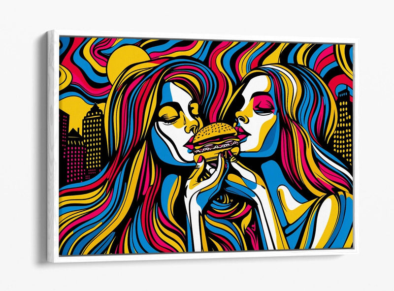 Canvas Wall Art - Contemporary Float Effect Print With Women Burger Artwork On 30mm Deep Frame