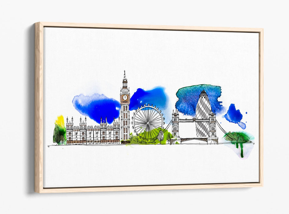Canvas Wall Art – London Cityscape Watercolour Float Effect on MDF Frame