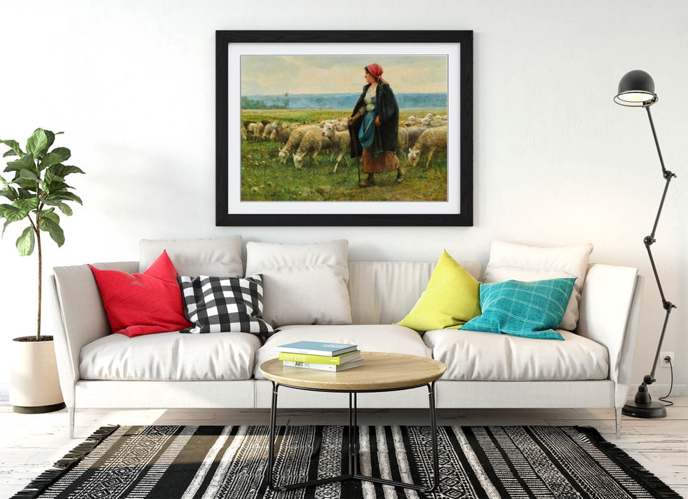 Framed Wall Art - Julien Dupre A Shepherdess Painting | Rustic Wood Frame, Ready To Hang