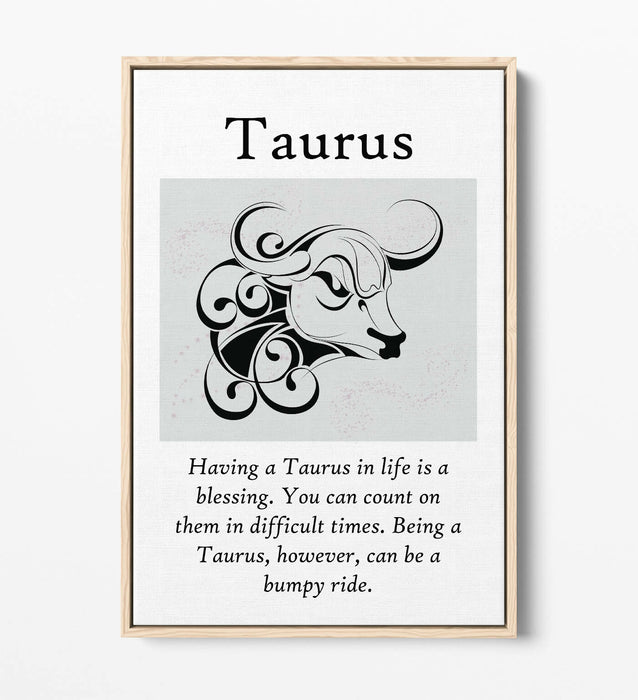TAURUS STAR SIGN ZODIAC ASTROLOGY QUOTE -FLOAT EFFECT CANVAS WALL ART PRINT