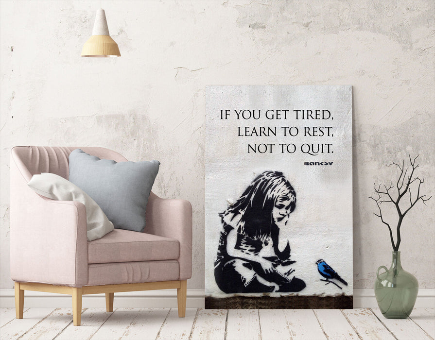 BANKSY GIRL BLUE BIRD QUOTE LEARN TO REST CANVAS WALL ART PRINT GRAFFITI PORT