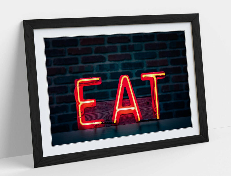 Kitchen Neon Sign - Framed Wall Art With Navy Blue Artwork & Faux Wood Frame