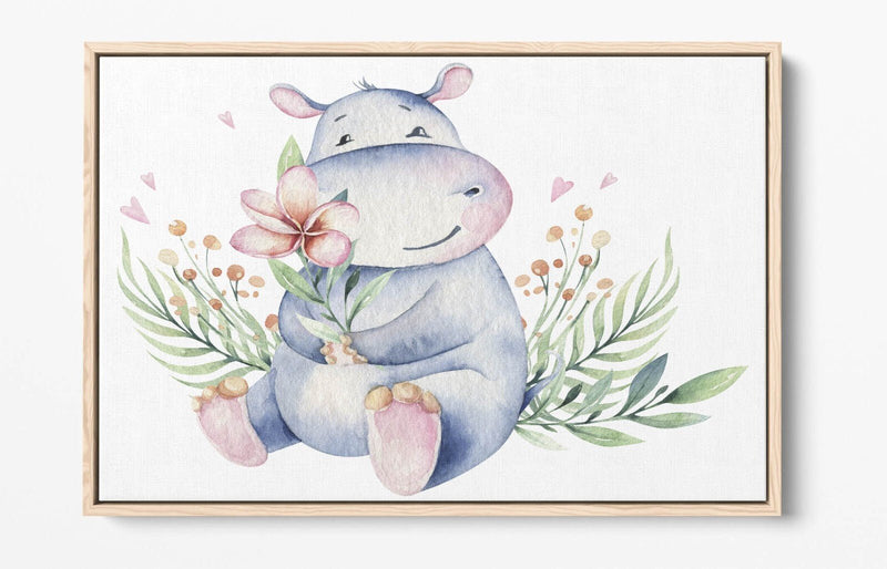 Watercolour Hippo Canvas - Cute Animal Print Floral Wall Art with Float Effect