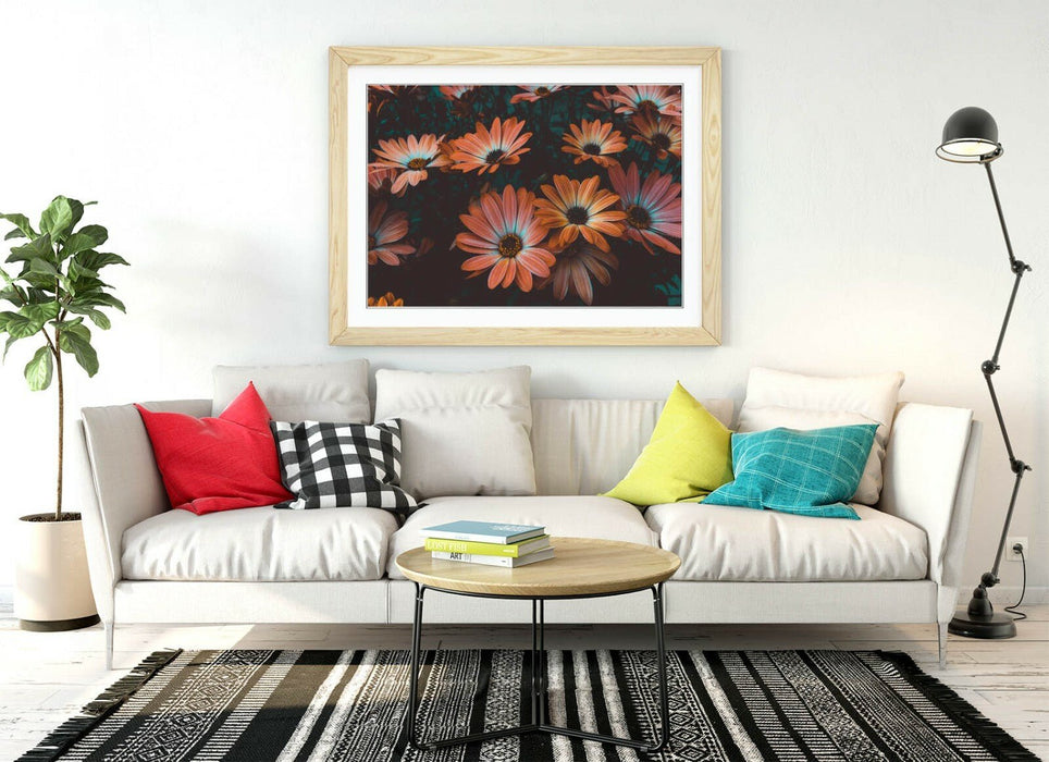 Framed Poster Art - Vintage Wall Art With Teal Peach Flowers & Woodgrain Frame