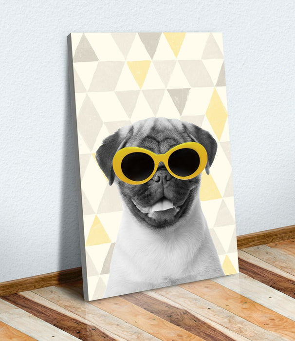 Canvas Wall Art - Mustard Canvas Print With Geometric Pug Sunglasses Art | Handmade UK Decor