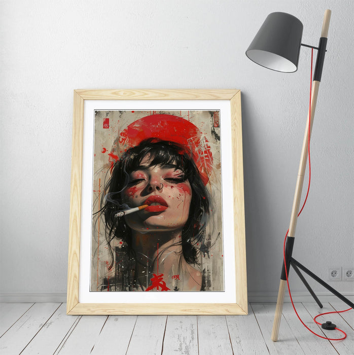 Framed Wall Art Poster - Portrait Of Pretty Woman Smoking Cigarette In Wood Grain Frame