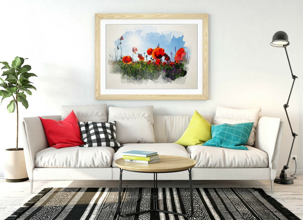 Framed Wall Art - Poppy Field Watercolour Painting With Natural Wood Frame