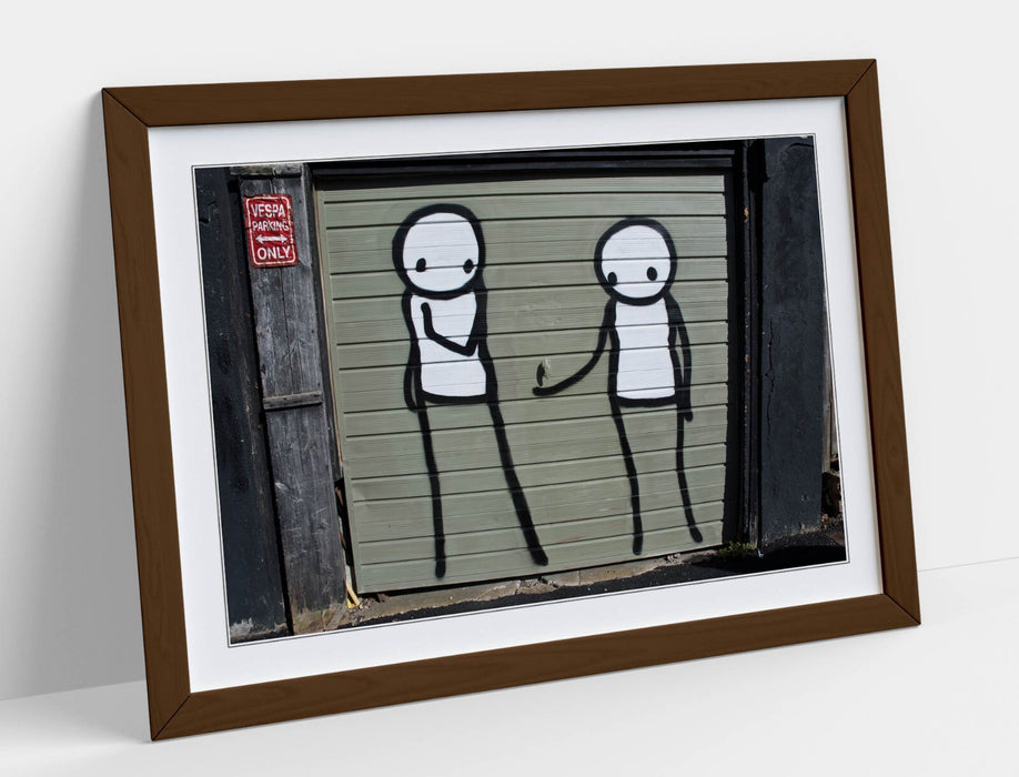 Framed Graffiti Art - Stick Men Poster with Woodgrain Frame | UK Handmade Art