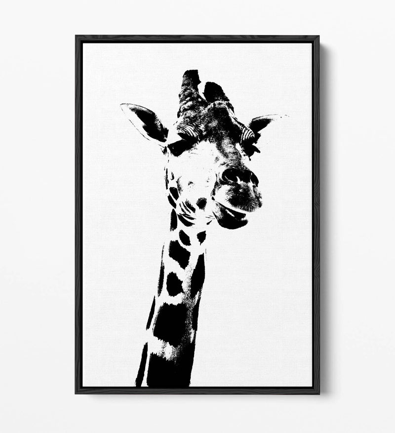 Giraffe Canvas Art - Black White Animal Stencil Float Effect Frame Wall Decor