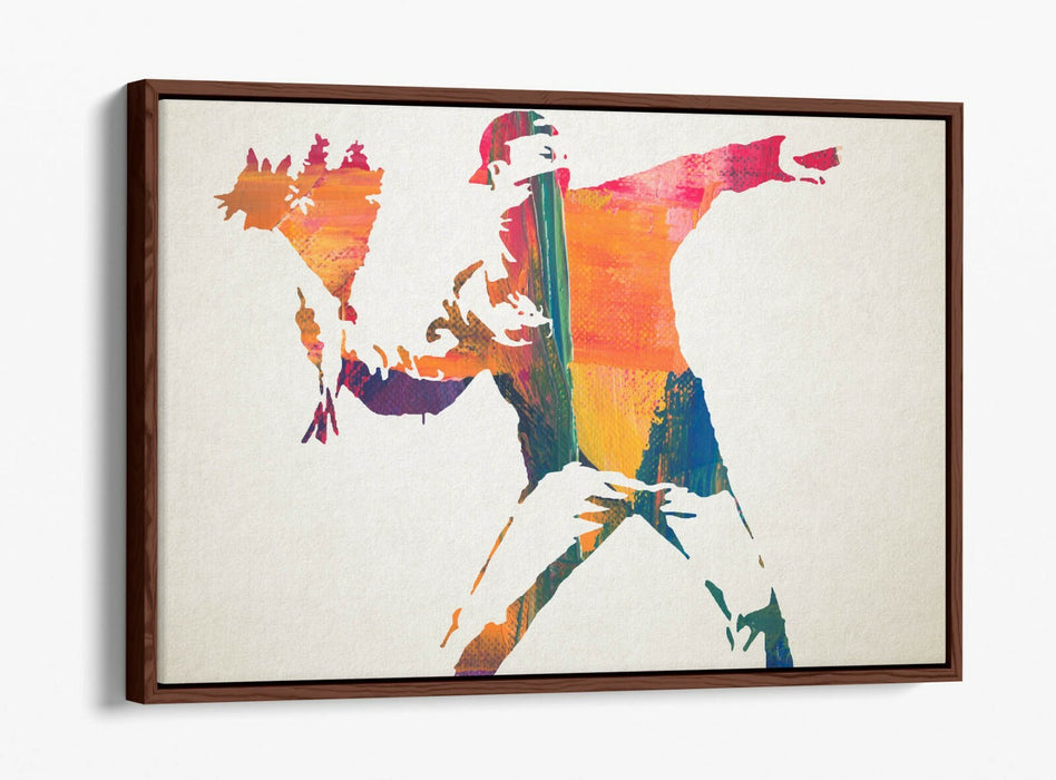 BANKSY, FLOWER THROWER RAINBOW PAINT -FLOAT EFFECT CANVAS WALL ART PRINT