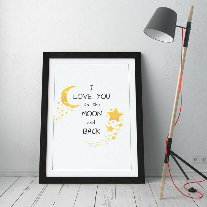 "LOVE YOU TO THE MOON" WATERCOLOR KIDS ROOM QUOTE -FRAMED WALL ART PICTURE PRINT