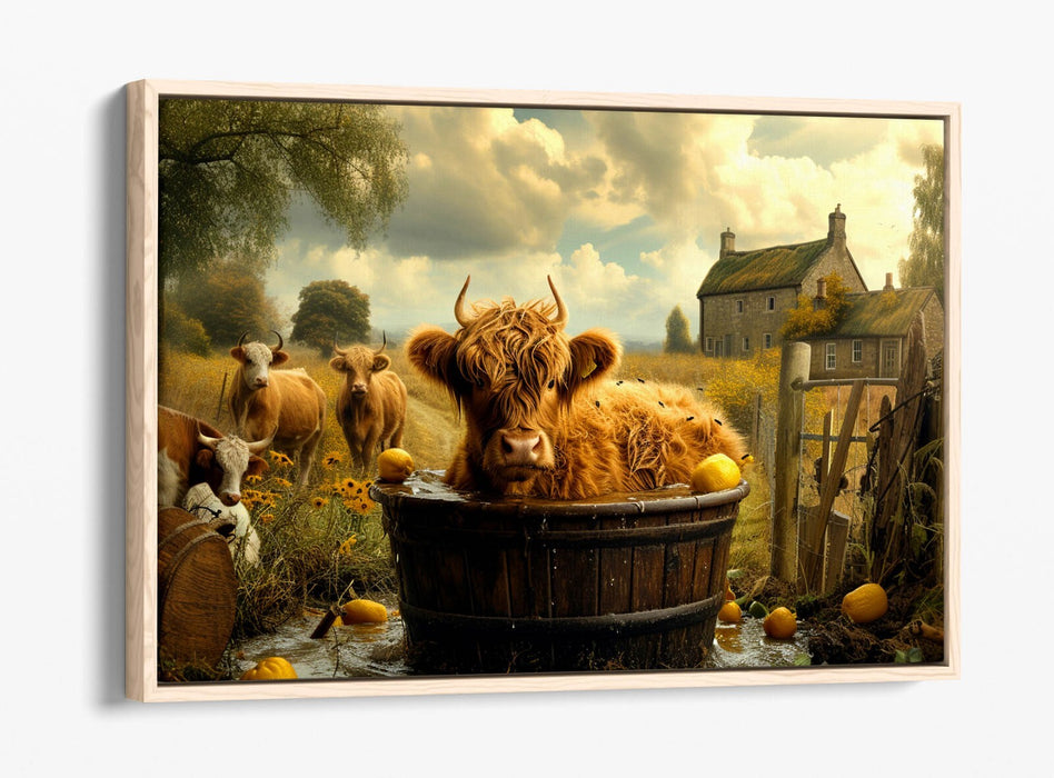 Float Effect Canvas Art – Highland Cow Print on MDF Frame | Rustic Bathroom Decor