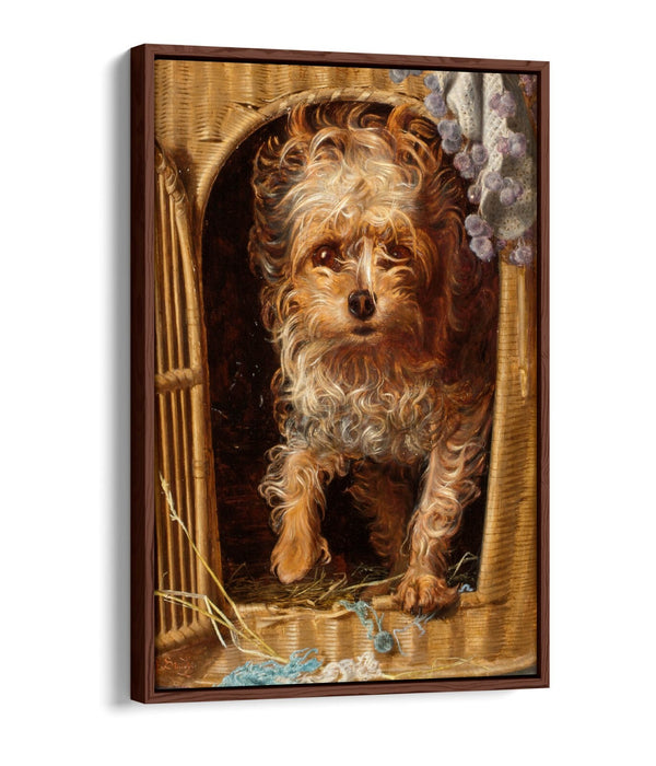 FREDERICK SANDYS, DARBY IN HIS BASKET KENNEL -FLOAT EFFECT CANVAS WALL ART PRINT