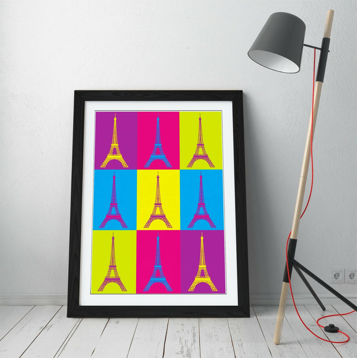 EIFFEL TOWER PARIS COLOURFUL POP ART -FRAMED WALL ART PICTURE PRINT