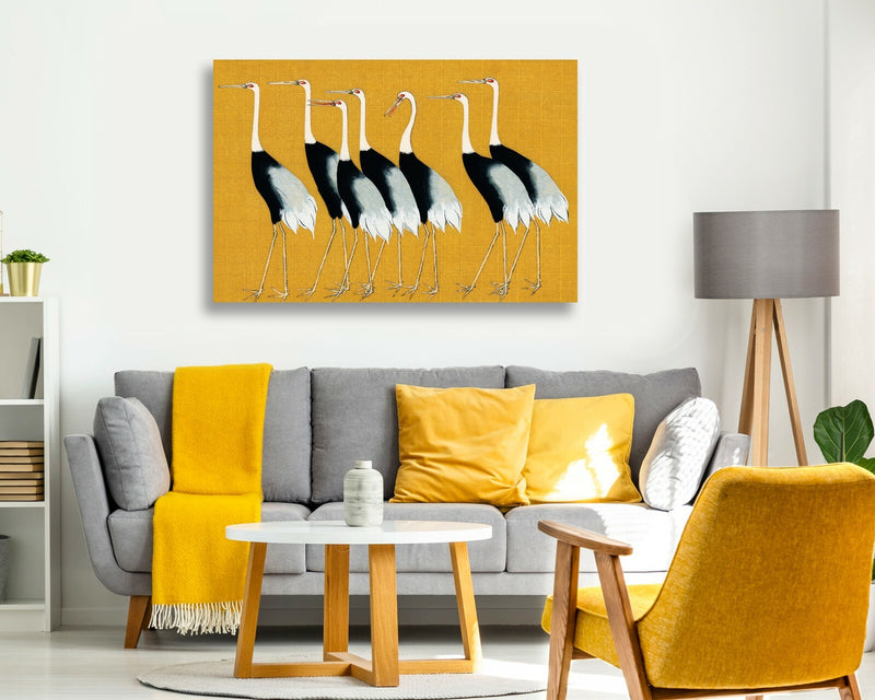 Mustard Canvas Wall Art – Oriental Crane Artwork | Handmade Japanese Decor Print