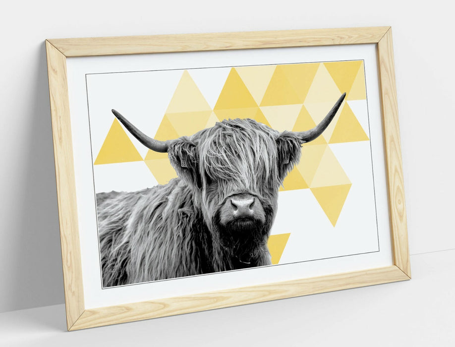 HIGHLAND COW YELLOW SPARSE GEOMETRIC -ART FRAMED POSTER PICTURE PRINT ARTWORK-