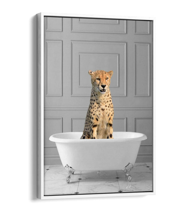 CHEETAH IN BATHTUB -QUIRKY BATHROOM FLOAT EFFECT CANVAS WALL ART PIC PRINT
