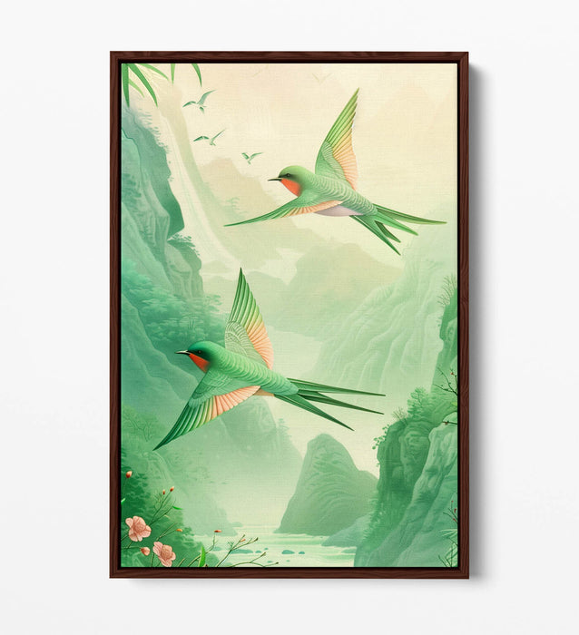 Canvas Art Print - Pink Green Swallows Flying | Handmade UK Vibrant Wall Art