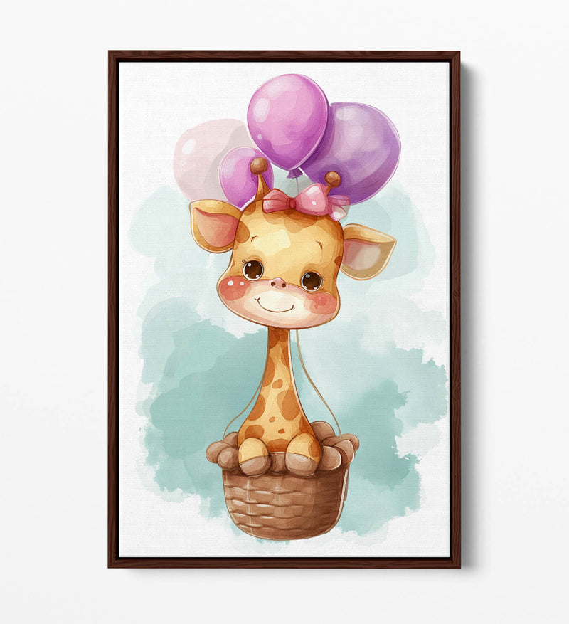 Giraffe Canvas Art – Cute Hot Air Balloon Kids Bedroom Decor | Float Effect Print