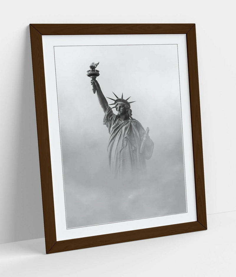 Framed Wall Art - Liberty Statue Print With Cloud Photography - Handmade Woodgrain Frame