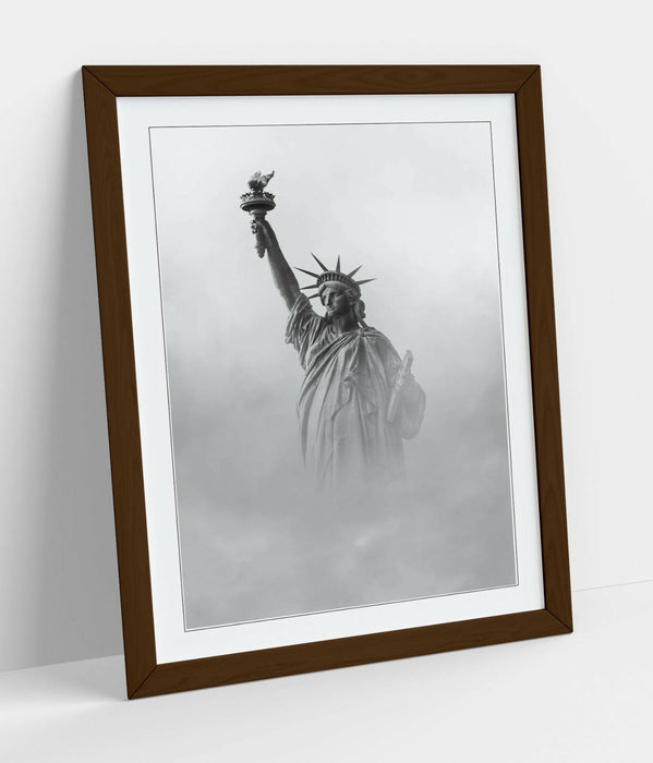 Framed Wall Art - Liberty Statue Print With Cloud Photography - Handmade Woodgrain Frame