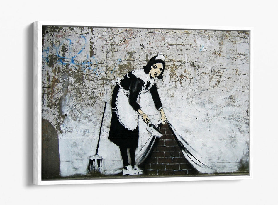 BANKSY SWEEPER -FLOAT EFFECT CANVAS WALL ART PIC PRINT- BLACK WHITE